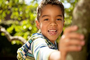 Hispanic little boy playing in a tree.